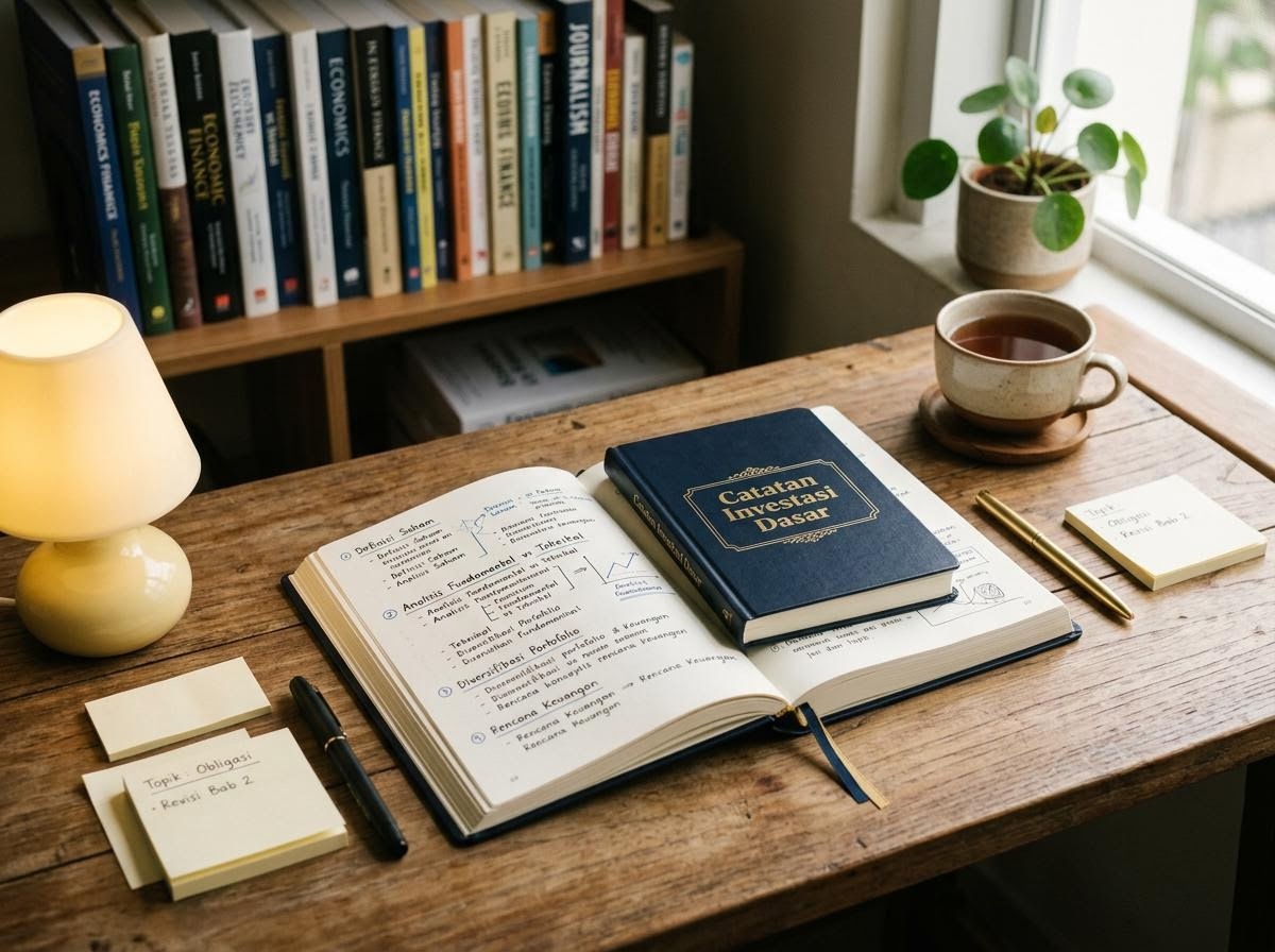 Meja belajar tim redaksi dengan buku catatan, lampu baca, dan pena.