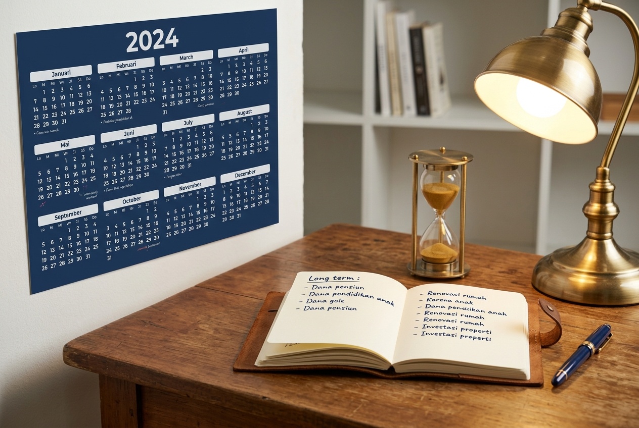 Kalender dinding dan jam pasir sebagai simbol horizon waktu jangka panjang.