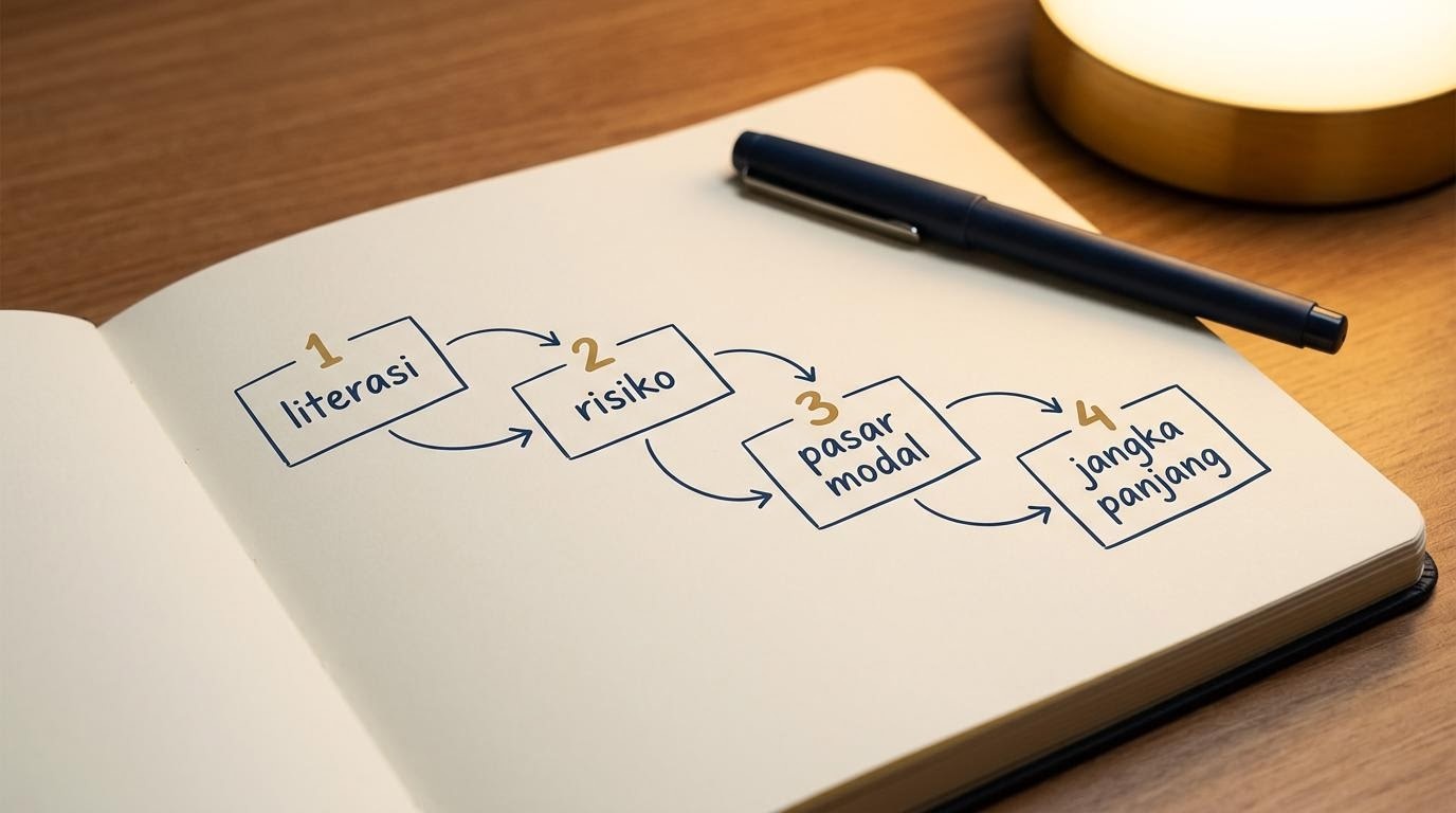 Buku catatan terbuka dengan diagram alur belajar bertahap di meja kayu.