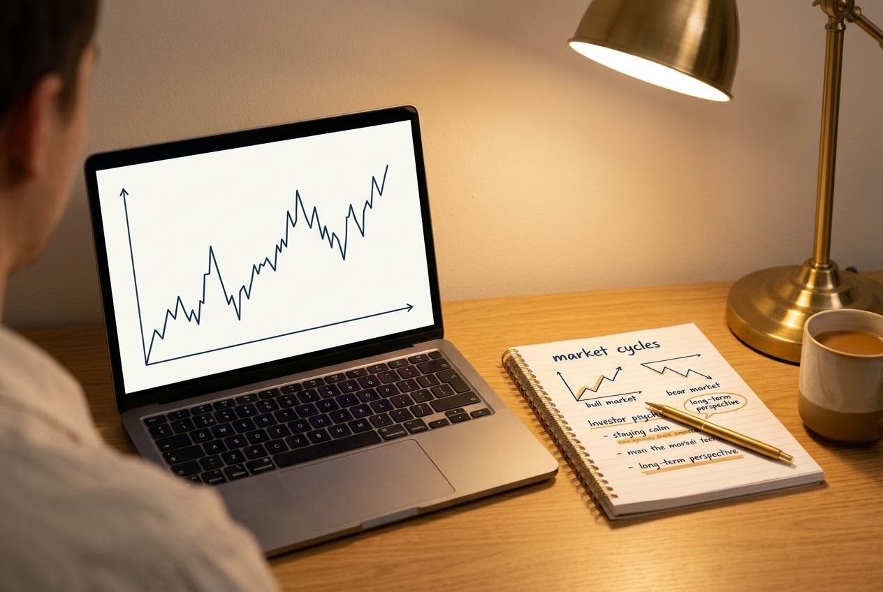 Layar laptop menampilkan grafik pergerakan harga yang fluktuatif.